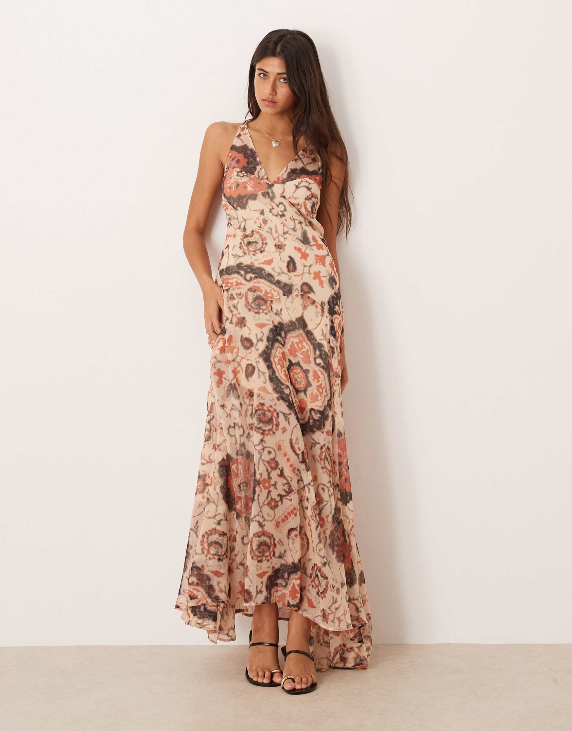 asos design cami chiffon maxi dress in brown paisley print