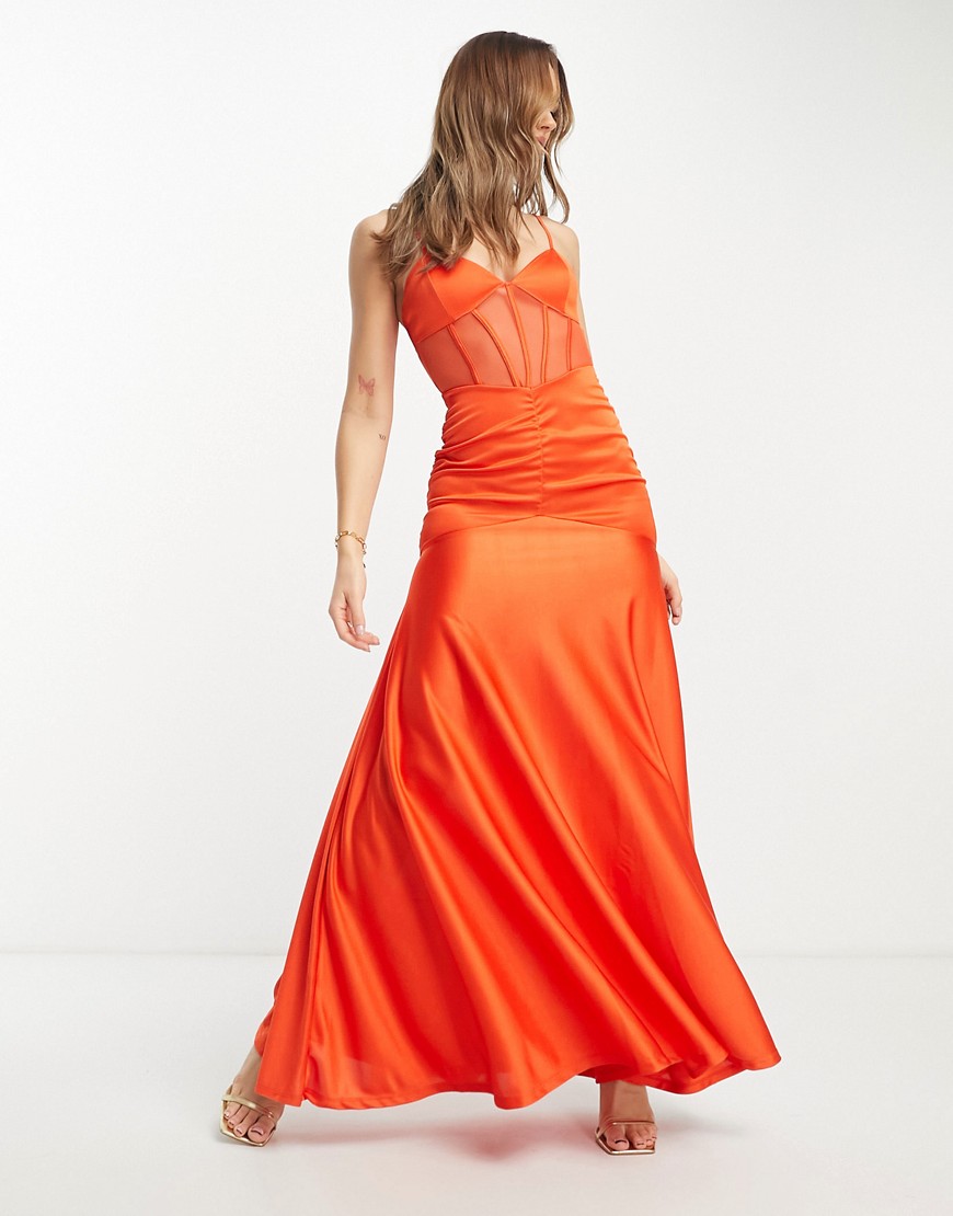 ASOS DESIGN cami corset ruched maxi dress in red satin-Orange