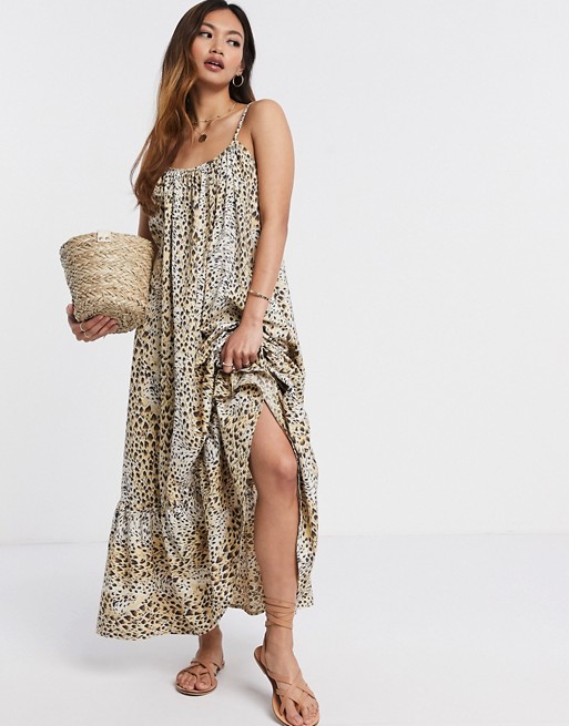ASOS DESIGN cami cotton poplin trapeze maxi dress with pep hem in leopard print