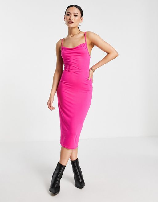 ASOS DESIGN cami cowl body-conscious midi dress in hot pink | ASOS
