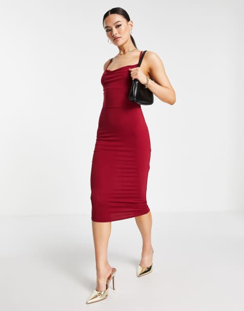 ASOS DESIGN cami cowl bodycon midi dress in dark cherry - view 1