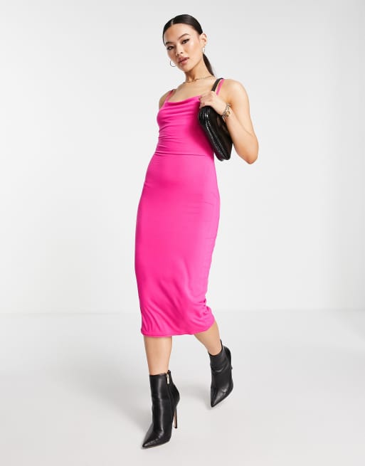 ASOS DESIGN cami cowl bodycon midi dress in hot pink | ASOS