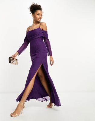 Asos Design Cami Cowl Maxi Dress With Cold Shoulder Sleeve In Purple