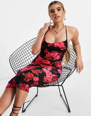 black floral print cami cowl slip dress