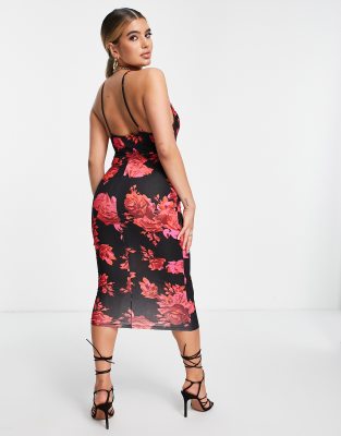 black floral print cami cowl slip dress