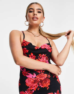 black floral print cami cowl slip dress