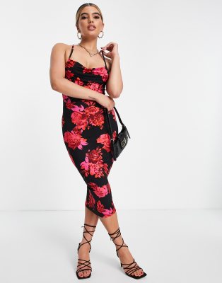 black floral print cami cowl slip dress
