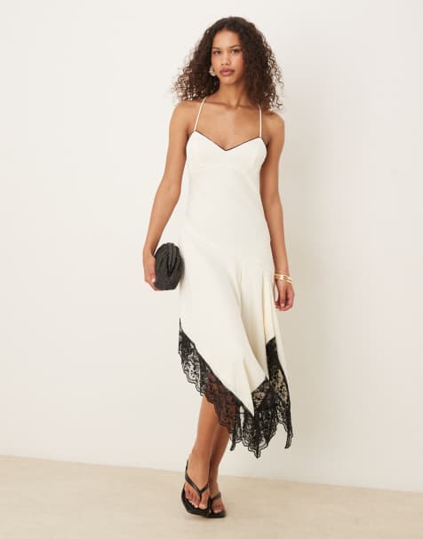 ASOS DESIGN cami cream dress with black contrast lace and hanky hem - view 1