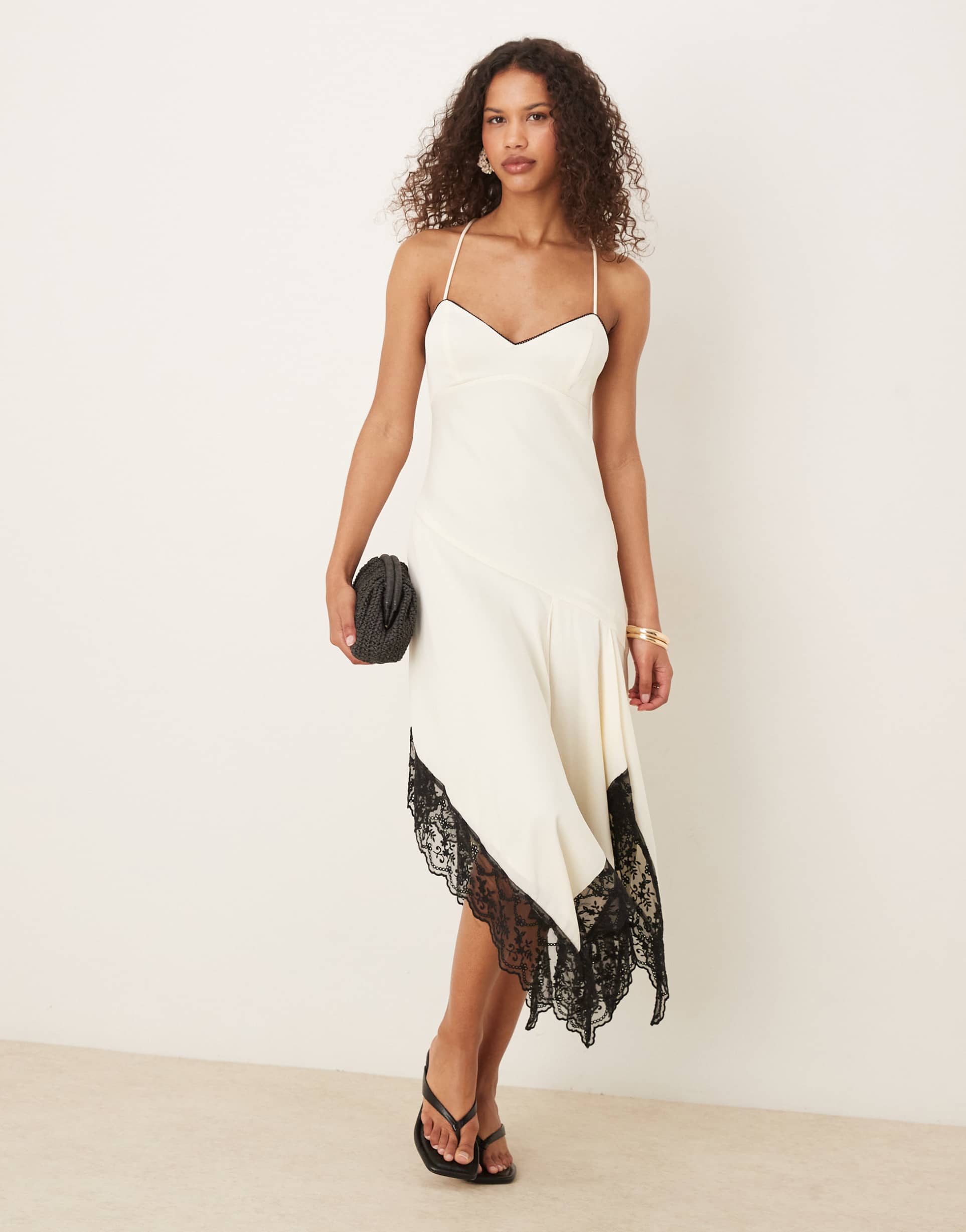 asos design cami cream slip dress with black contrast lace and hanky hem