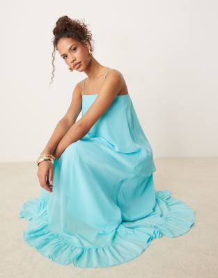 ASOS DESIGN cami crinkle overlay midi dress with ruffle in turquoise