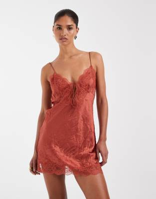 ASOS DESIGN cami crinkle satin tie front mini dress in rust