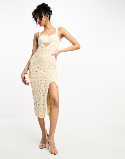 FhyzicsShops DESIGN cami cupped crochet midi dress in stone