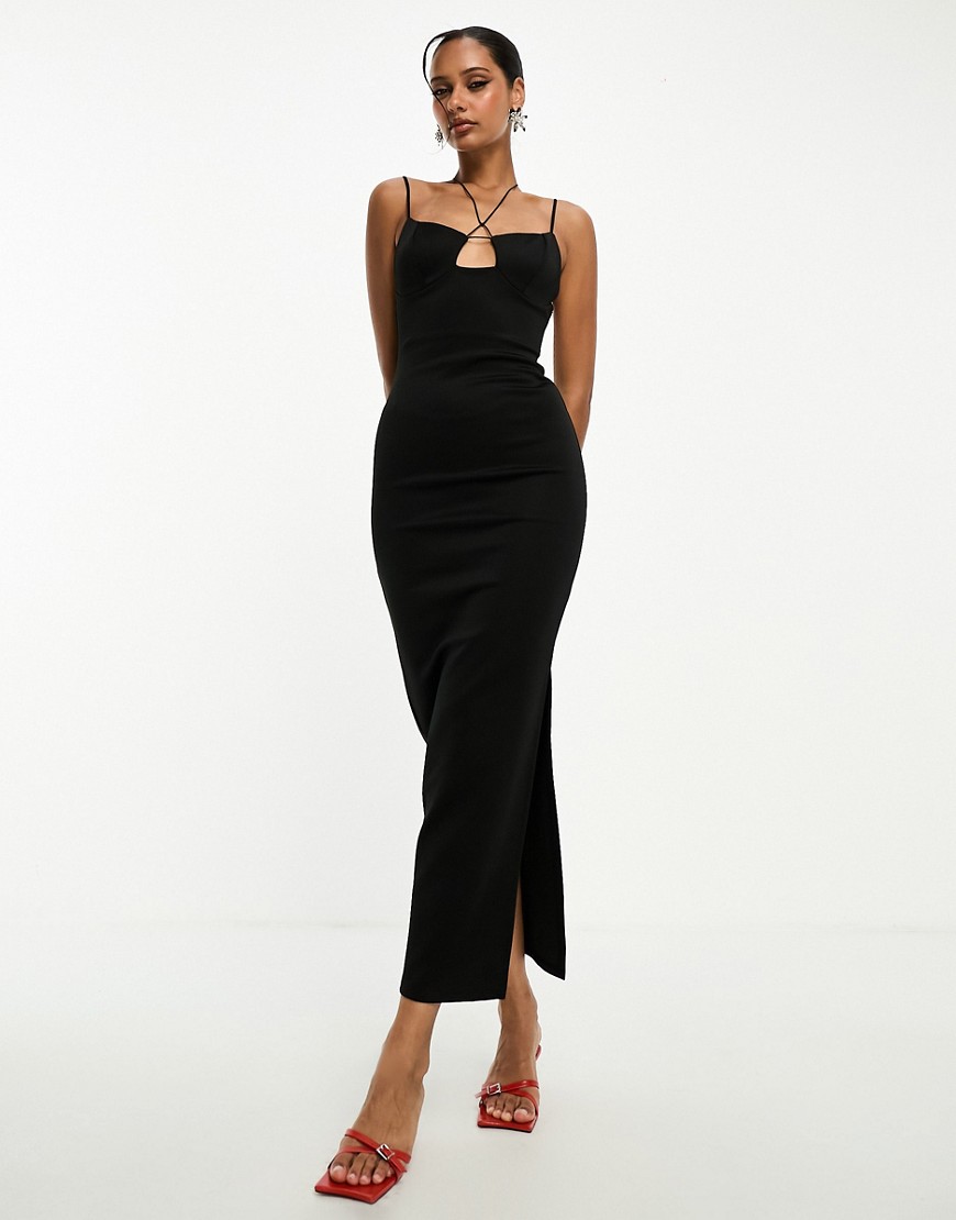 ASOS DESIGN cami cupped rouleaux strap midi dress in black