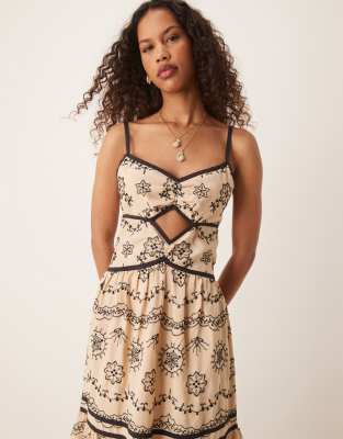 Asos Design Cami Cut Out Embroidered Maxi Dress In Brown