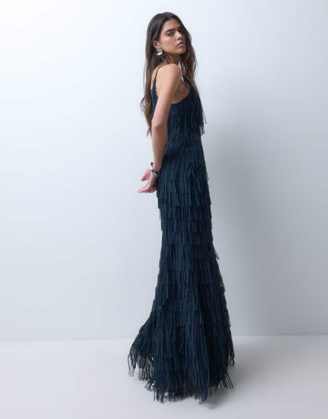 ASOS DESIGN cami cutout back ribbon fringe maxi dress in navy - view 1