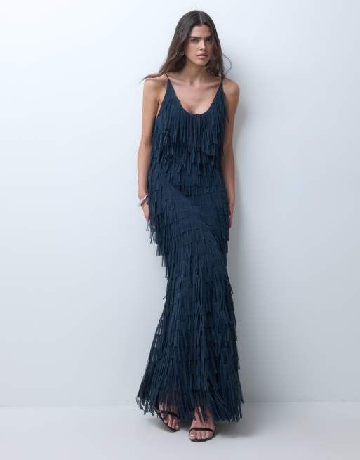 ASOS DESIGN cami cutout back ribbon fringe maxi dress in navy, 3 of 5