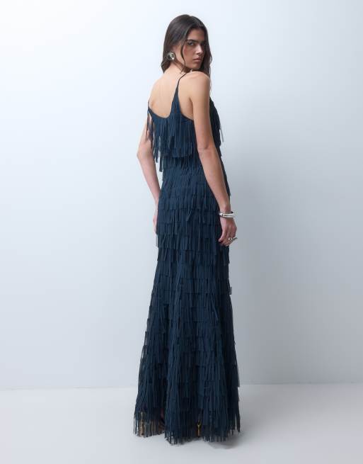 ASOS DESIGN cami cutout back ribbon fringe maxi dress in navy, 5 of 5