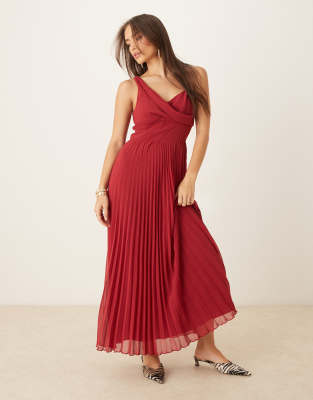 ASOS DESIGN cami drape bodice pleated midi dress in red - view 1