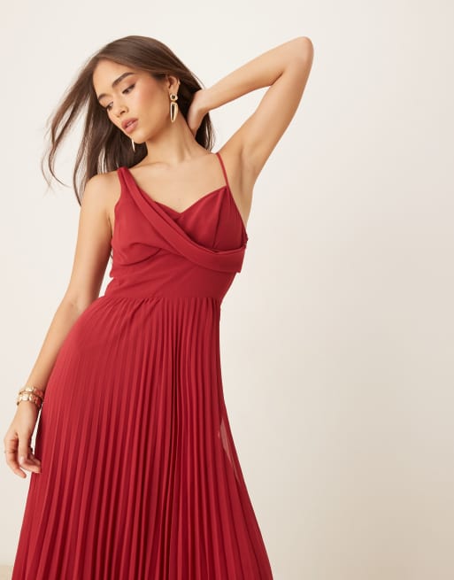 ASOS DESIGN cami drape bodice pleated midi dress in red
