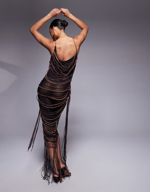 ASOS DESIGN cami draped fringed maxi dress with knotting in brown and cream ombre