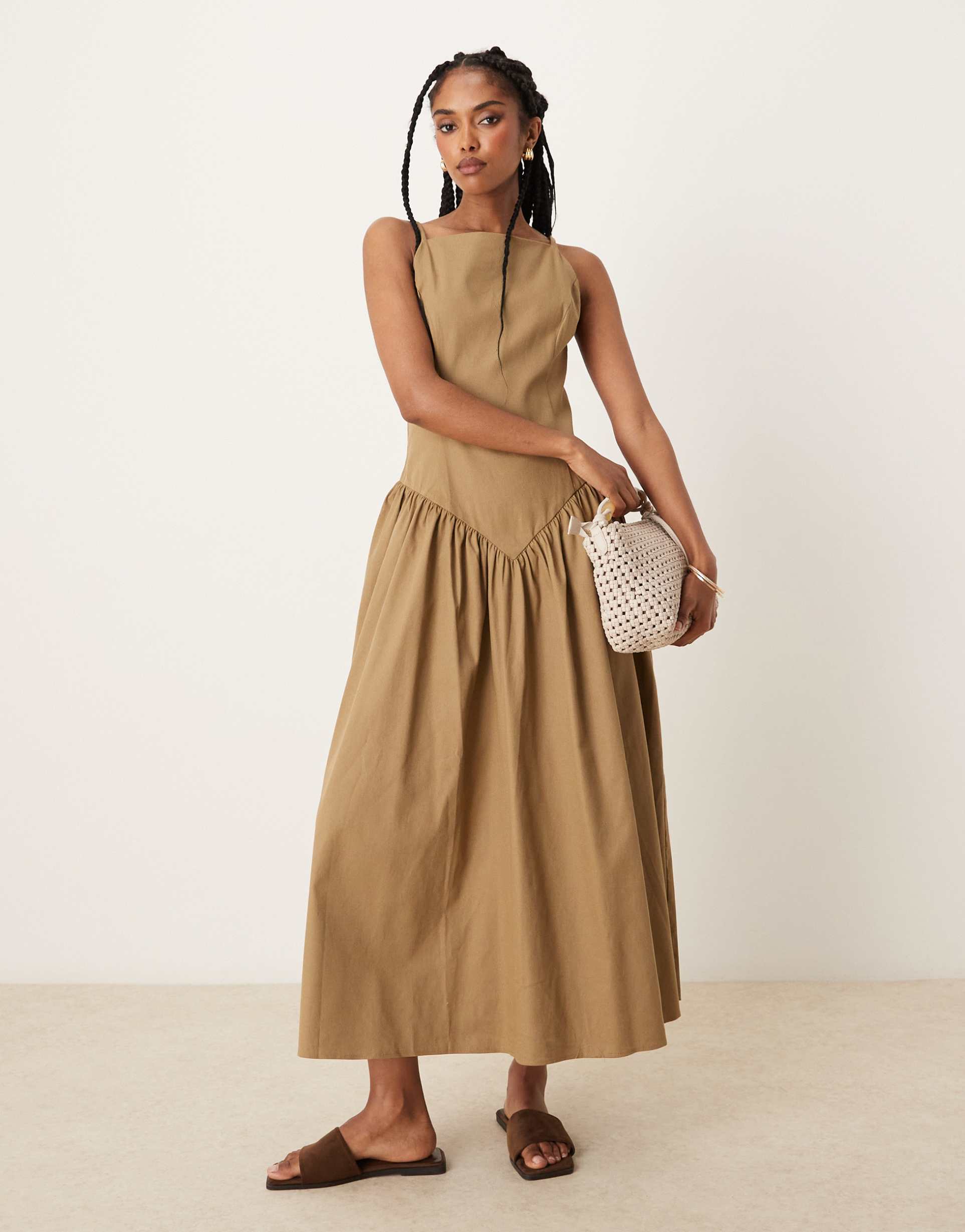 asos design cami dropped waist midi dress in camel