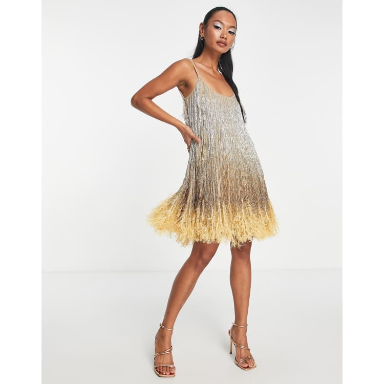 ASOS EDITION nouveau embellished cami mini dress with diamante fringe hem  in bronze - ShopStyle