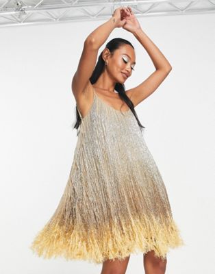 ASOS EDITION nouveau embellished cami mini dress with diamante fringe hem  in bronze - ShopStyle