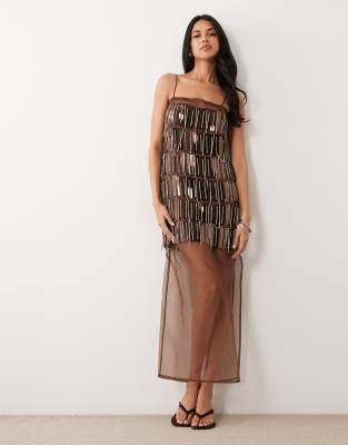 Asos Design Cami Embellished Sheer Mix Column Maxi Dress In Brown