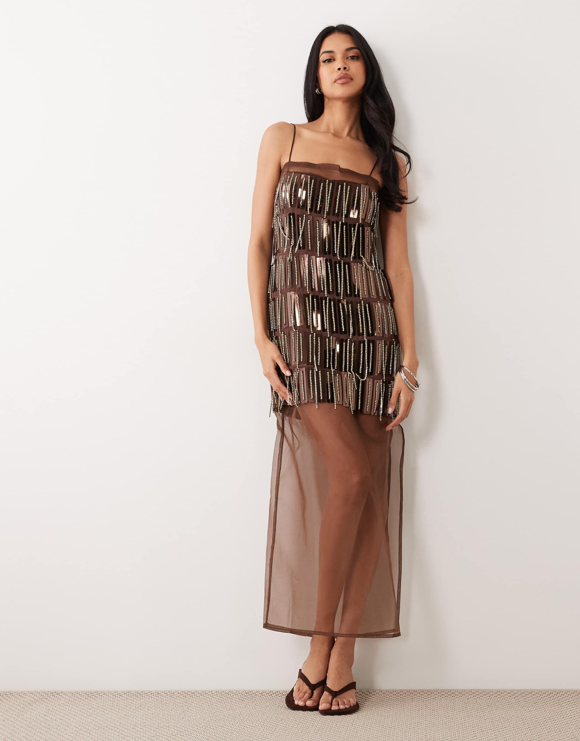asos design cami embellished sheer mix column maxi dress in brown