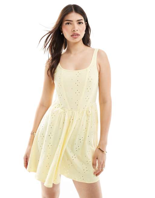 ASOS DESIGN cami floral broderie skater mini dress in lemon, 2 of 4