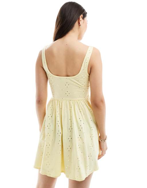 ASOS DESIGN cami floral broderie skater mini dress in lemon, 3 of 4