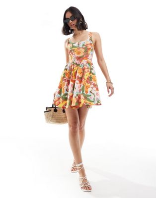 Asos Design Cami Floral Broderie Skater Mini Dress In Vibrant Fruit Print-multi