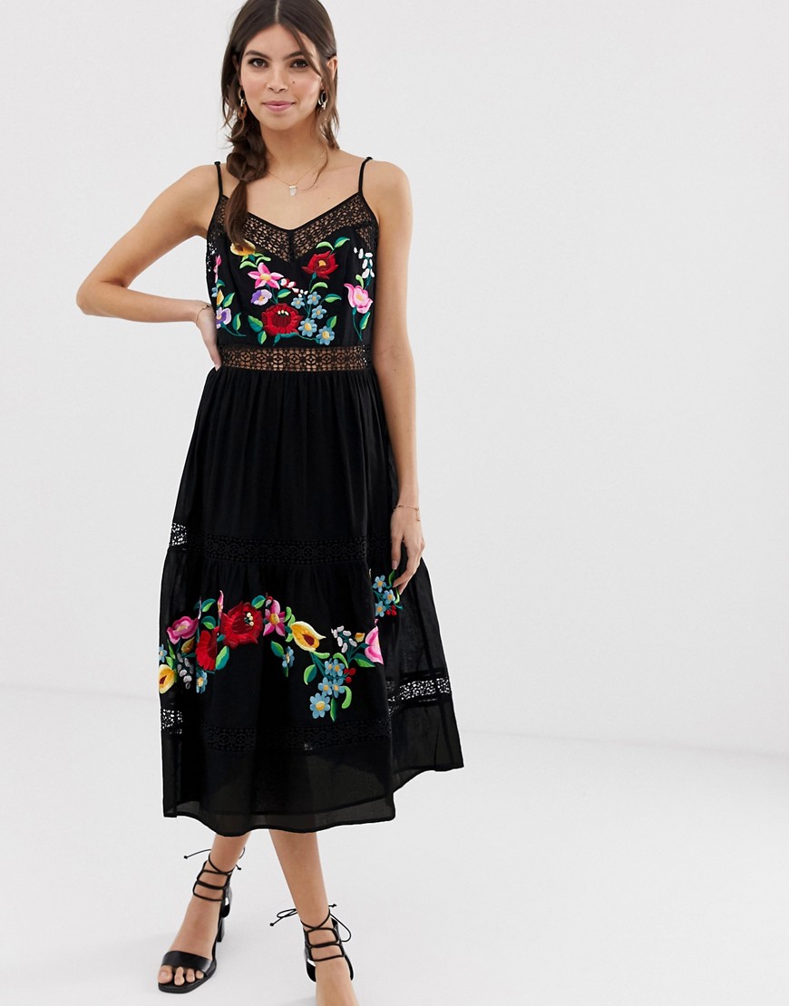 ASOS Design - Cami geborduurde midi-jurk met A-lijn-Zwart