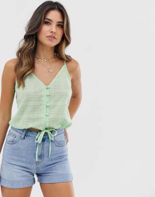 ASOS DESIGN cami button front sun top in grid check-Green Green