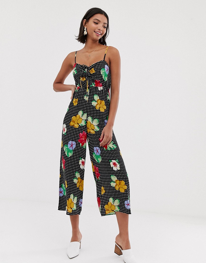 ASOS DESIGN cami jumpsuit with gathered bodice in floral print-Multi
