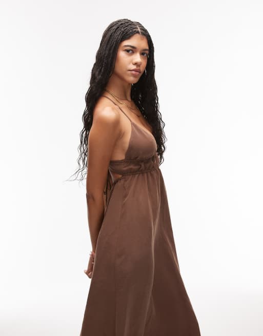 ASOS DESIGN - Cami-jurk met bandjes en gerimpelde halternek in donkerbruin, 3 van 4