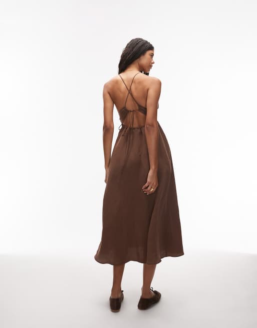 ASOS DESIGN - Cami-jurk met bandjes en gerimpelde halternek in donkerbruin, 4 van 4