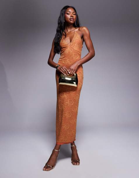 ASOS DESIGN - Cami kanten maxi-jurk met transparante panelen in oranje - view 1