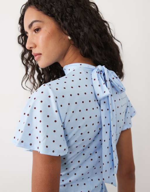 ASOS DESIGN cami-kjole i mesh med bindedetalje og prikprint i blå og brun, 2 af 4