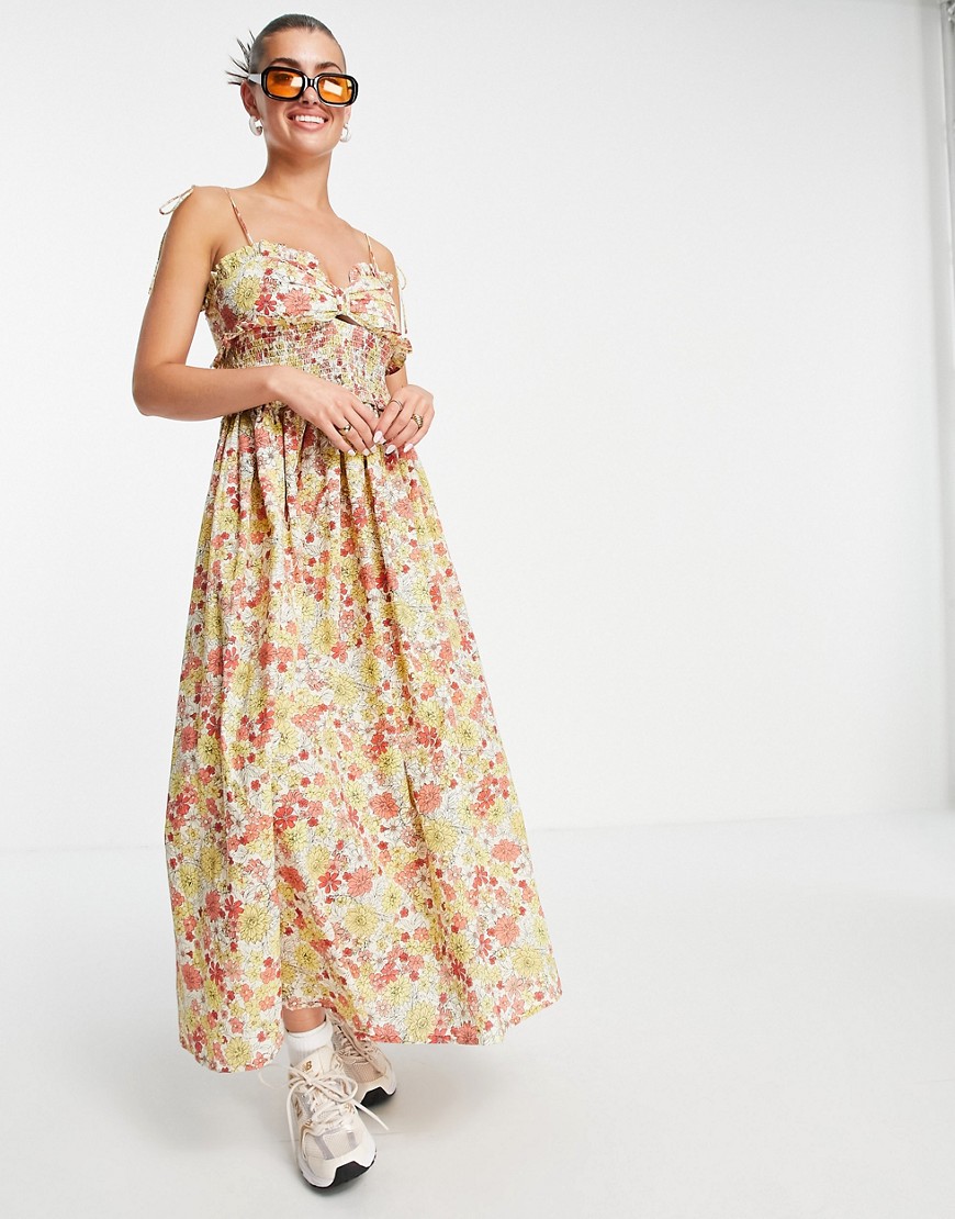 ASOS DESIGN cami knot front midi sundress with shirred waist in red ditsy floral print-Multi
