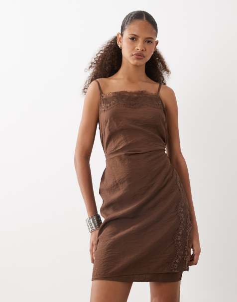 ASOS DESIGN cami lace applique crushed satin mini dress in chocolate