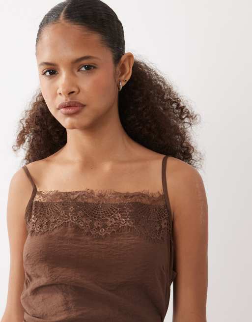 ASOS DESIGN cami lace applique crushed satin mini dress in chocolate, 3 of 4