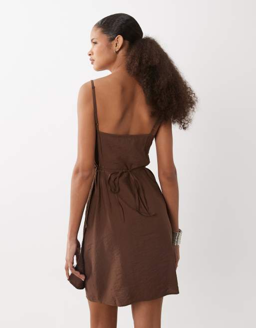 ASOS DESIGN cami lace applique crushed satin mini dress in chocolate, 4 of 4