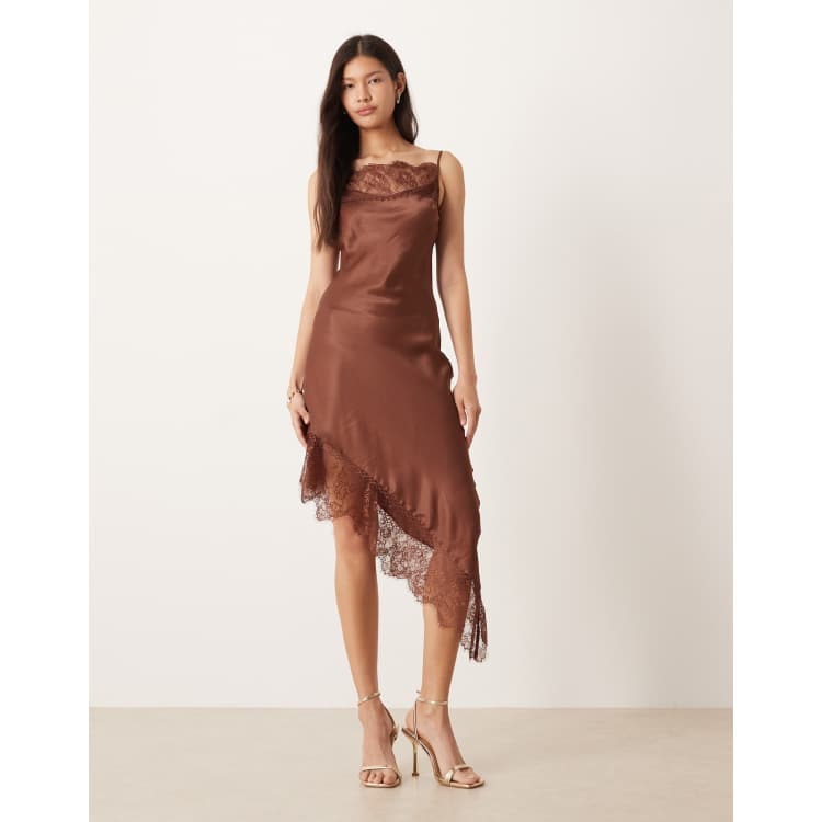 ASOS DESIGN cami lace detail asymmetric satin mini dress in chocolate | ASOS