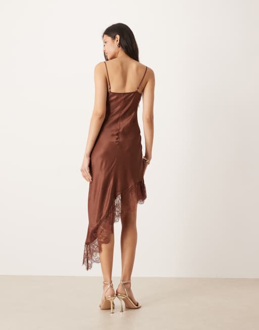 ASOS DESIGN cami lace detail asymmetric satin mini dress in chocolate, 4 of 4