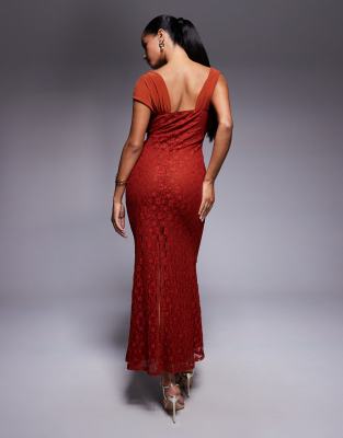Asos Design Cami Lace Maxi Dress With Overlayed Mesh Strap Detail In Brown