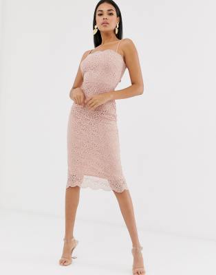 asos design square neck midi pencil dress in lace