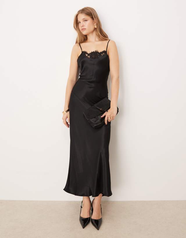 asos black slip dress DESIGN cami lace trim satin maxi in women's maxi dress