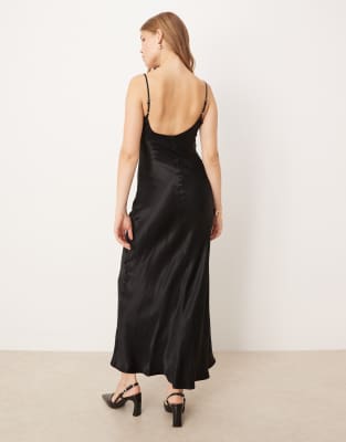 Asos Design Cami Lace Trim Satin Slip Maxi Dress In Black