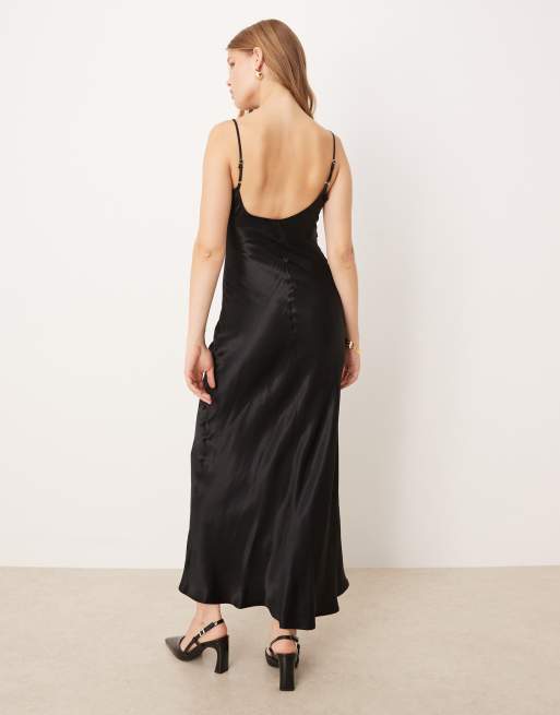 ASOS DESIGN cami lace trim satin slip maxi dress in black